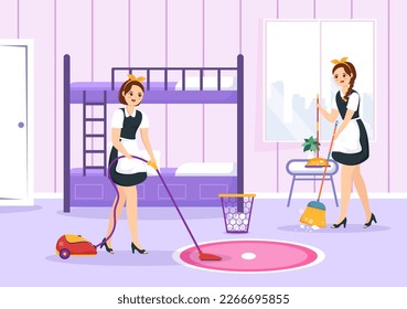 Professional Girl Maid Illustration of Cleaning Service Wearing her Uniform with Apron for Clean a House in Flat Cartoon Hand Drawn Templates