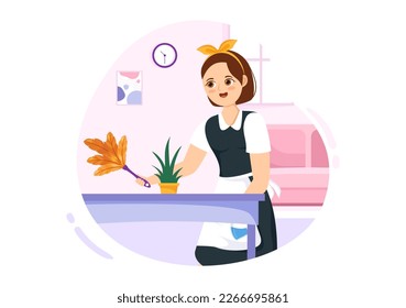 Professional Girl Maid Illustration of Cleaning Service Wearing her Uniform with Apron for Clean a House in Flat Cartoon Hand Drawn Templates
