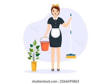 Professional Girl Maid Illustration of Cleaning Service Wearing her Uniform with Apron for Clean a House in Flat Cartoon Hand Drawn Templates