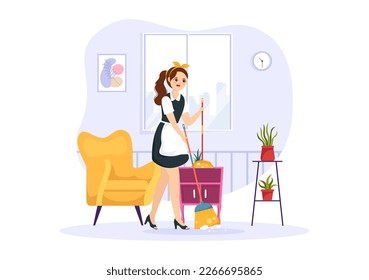 Professional Girl Maid Illustration of Cleaning Service Wearing her Uniform with Apron for Clean a House in Flat Cartoon Hand Drawn Templates