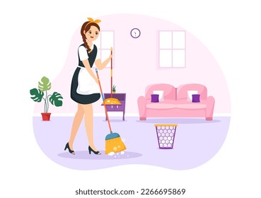 Professional Girl Maid Illustration of Cleaning Service Wearing her Uniform with Apron for Clean a House in Flat Cartoon Hand Drawn Templates