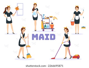 Professional Girl Maid Illustration of Cleaning Service Wearing her Uniform with Apron for Clean a House in Flat Cartoon Hand Drawn Templates