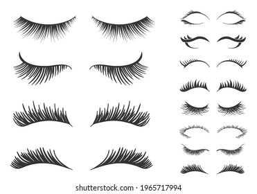 Professional glamor makeup. Set for growing the eyelashes isolated on white background. Bottled eyelashes of girls. Natural effect mascara. Black and white vector illustration of closed eyes.