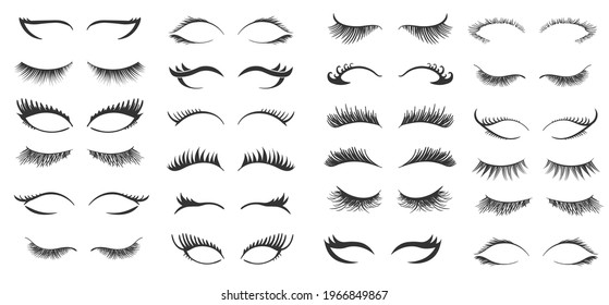 Professional glamor makeup. Set for growing the eyelashes isolated on white background. Bottled eyelashes of girls. Natural effect mascara. Black and white vector illustration of closed eyes.