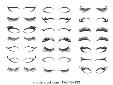 Professional glamor makeup. Set for growing the eyelashes isolated on white background. Bottled eyelashes of girls. Natural effect mascara. Black and white vector illustration of closed eyes.