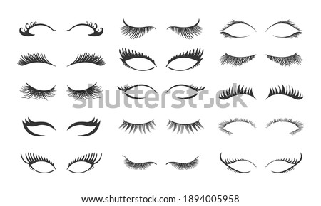 Professional glamor makeup. Set for growing the eyelashes isolated on white background. Bottled eyelashes of girls. Natural effect mascara. Black and white vector illustration of closed eyes.