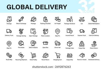 Professional Global Delivery Icons Set featuring logistics, shipping, courier, freight, and ecommerce symbols. perfect for apps, web dashboards, and infographics.