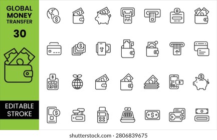 Professional Global Money Transfer Editable Icon Set including banking, online payment, digital wallet, finance, currency exchange, fintech, international transfer, cryptocurrency, and financial technology icons.