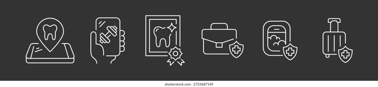 Conjunto de iconos de seguridad global y protección especializada de Profesional, Vector de arte de línea minimalista para Locación de cuidado dental, seguimiento de App de fitness, verificación médica certificada.