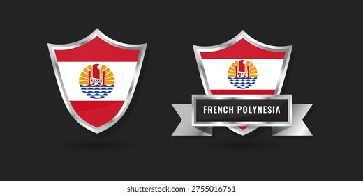 Professional glossy silver shield and banner emblem featuring the flag of French Polynesia, ideal for Pacific travel and Tahitian island branding.