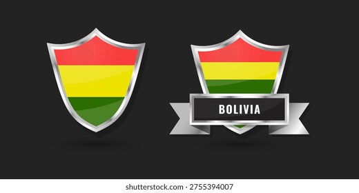 Professional glossy silver shield emblems featuring the tricolor flag of Bolivia. Includes badge with name ribbon. Perfect for South American, sports, and patriotic national identity designs
