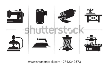 Professional glyph icons representing textile manufacturing, sewing, and garment production. Includes machinery, fabric rolls, thread, and pressing tools for fashion industry.