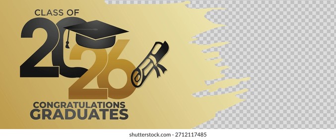 Professionelle Gold und Grau Klasse 2026 Banner mit Mütze, Diplom-Symbole und saubere Layout