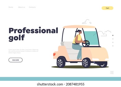 Professional golf concept of landing page with woman driving electric golf car. Female player of sport game in vehicle. Outdoor activity and summer sport. Cartoon flat vector illustration