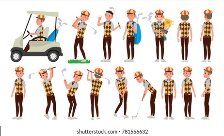 Professional Golf Player Vector. Playing Golfer Male. Different Poses. Isolated On White Cartoon Character Illustration