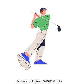 Golfista de Profesional con la bola que lanza del palo, Ilustración vectorial plana de la historieta. Deportista haciendo golf, pasatiempo de golf y actividades de entretenimiento, hacer ejercicio al aire libre en temporada de verano