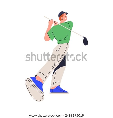 Professional golfer with stick throwing ball, flat cartoon vector illustration. Sportsman doing golf, golfing hobby and entertaining activities, working out outside in summer season