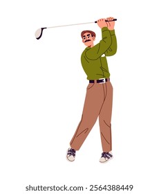 Professional golfer swings to putts in competition, tournament. Golf player hits ball with club to hole. Sportsman play sports game on field. Flat isolated vector illustration on white background