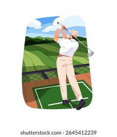 Professional golfer is training in driving range for championship. Golf player hits a ball with club. Person plays sports game on field back view. Flat isolated vector illustration on white background