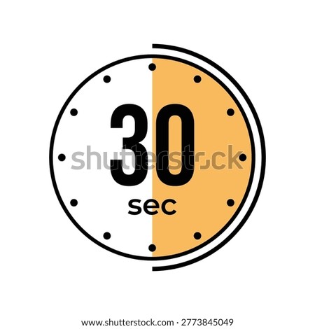A professional graphic of a 30 second timer or stopwatch showing a circular dial with a half-shaded orange section to represent the time interval.