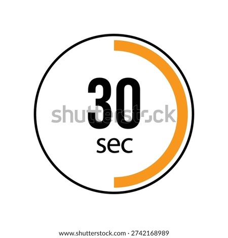 A professional graphic of a 30-second timer or countdown clock. The icon features a black circular outline with a bold orange progress arc indicating a half-minute interval. Centered text displays 30 sec in a clean sans-serif font. Ideal for time management, sports intervals, cooking durations, or web interface loading indicators.