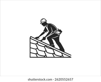 A professional graphic design of a roofer working on a house's roof, emphasizing the roofing process.