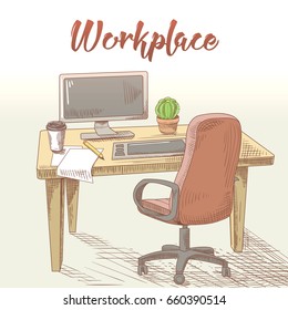 Professional Graphic Designer Hand Drawn Workplace with Table, Computer and Tablet. Creative Work. Vector illustration