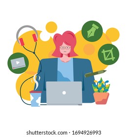 A professional graphic designer working on laptop. Illustration of creative worker in the middle of the project