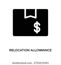 Professional graphic illustrating relocation allowance or moving expenses with a dollar sign inside a cardboard box, minimalist design on dark backdrop for business use.