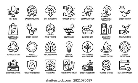Professional graphic set covering environmental stewardship featuring reforestation icons energy efficiency sustainable agriculture water conservation forest protection carbon capture clean air investment verification status and comprehensive net zero target illustrations.
