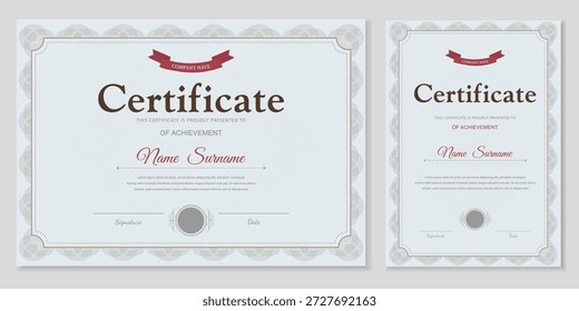 Professional gray certificate and diploma template with red ribbon. Horizontal and vertical layouts with an ornamental frame. Editable vector for business, education, and awards.