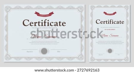 Professional gray certificate and diploma template with red ribbon. Horizontal and vertical layouts with an ornamental frame. Editable vector for business, education, and awards.