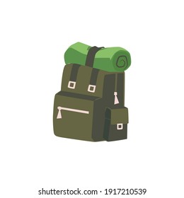 Mochila verde profesional con muchos bolsillos para una fogata familiar. Equipo especial para actividades recreativas de camping, ilustración vectorial de dibujos animados planos fondo blanco aislado