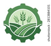 A professional green gear icon featuring wheat stalks and agricultural fields. Ideal for farming, agribusiness, food production, and rural development branding.