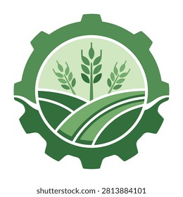 A professional green gear icon featuring wheat stalks and agricultural fields. Ideal for farming, agribusiness, food production, and rural development branding.