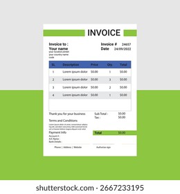Professional green invoice template vector design