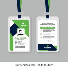 Professional Green and Navy Blue ID Card Design with Photo and QR Code for Office Staff and Corporate Identity