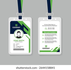 Professional Green and Navy Blue ID Card Design with Photo and QR Code for Office Staff and Corporate Identity