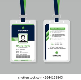 Professional Green and Navy Blue ID Card Design with Photo and QR Code for Office Staff and Corporate Identity