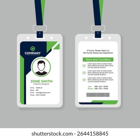 Professional Green and Navy Blue ID Card Design with Photo and QR Code for Office Staff and Corporate Identity