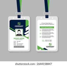 Professional Green and Navy Blue ID Card Design with Photo and QR Code for Office Staff and Corporate Identity