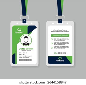 Professional Green and Navy Blue ID Card Design with Photo and QR Code for Office Staff and Corporate Identity