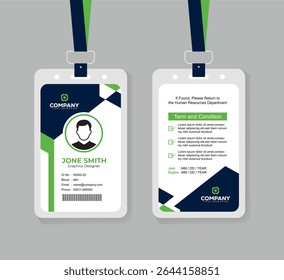 Professional Green and Navy Blue ID Card Design with Photo and QR Code for Office Staff and Corporate Identity
