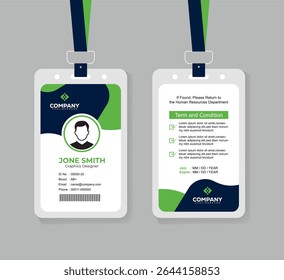 Professional Green and Navy Blue ID Card Design with Photo and QR Code for Office Staff and Corporate Identity