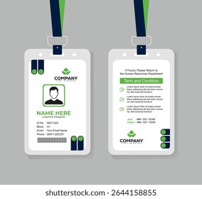 Professional Green and Navy Blue ID Card Design with Photo and QR Code for Office Staff and Corporate Identity