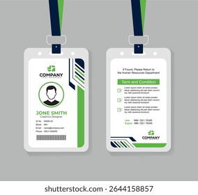 Professional Green and Navy Blue ID Card Design with Photo and QR Code for Office Staff and Corporate Identity