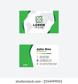 A professional green and white business card design featuring a modern logo on the front with a global map in the background.
