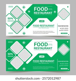 Professional green and white restaurant flyer design offering a 50% discount with placeholders for images and contact details.

