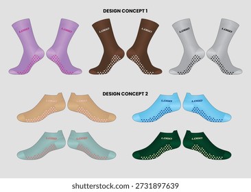 Professionelle Greifsocken Tech Pack Design-Vorlage mit detaillierten technischen Zeichnungen, flachen Skizzen und Farbverläufen Spezifikationen