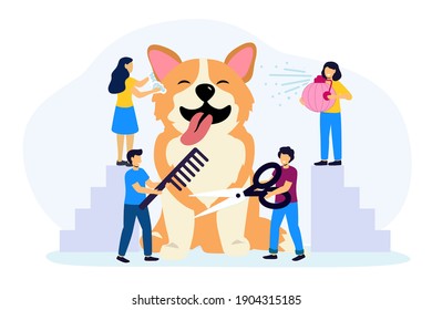 Professional groomer services vector illustration in flat cartoon style Pet hair salon Styling and grooming shop Pet store for dogs Tiny groomers  holding tools at the hands caring for Corgi